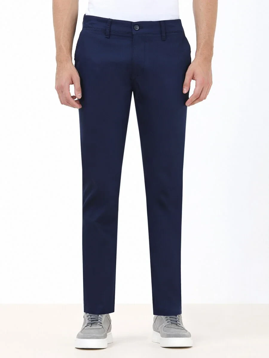 Night Blue Weaving Slim Fit Casual Cotton Blended Trousers - 1