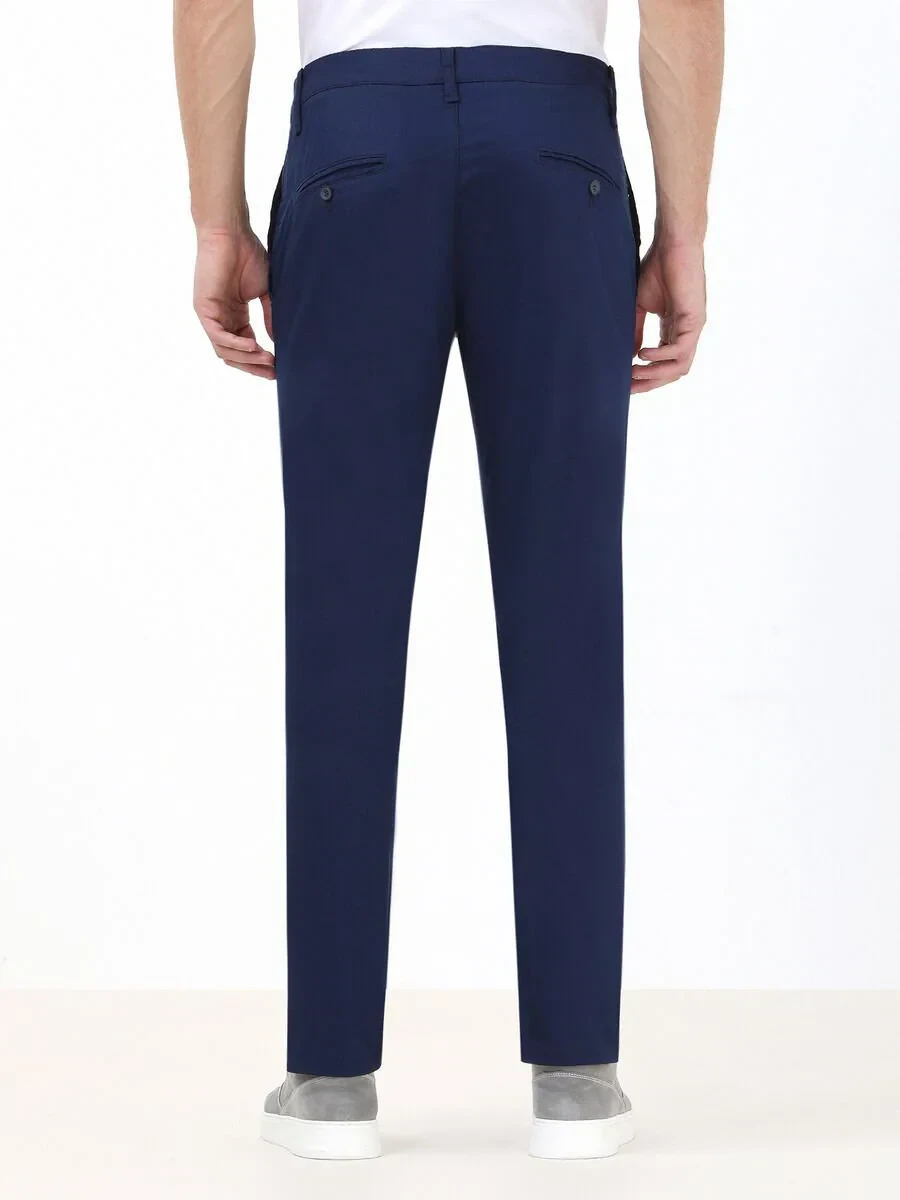 Night Blue Weaving Slim Fit Casual Cotton Blended Trousers - 4