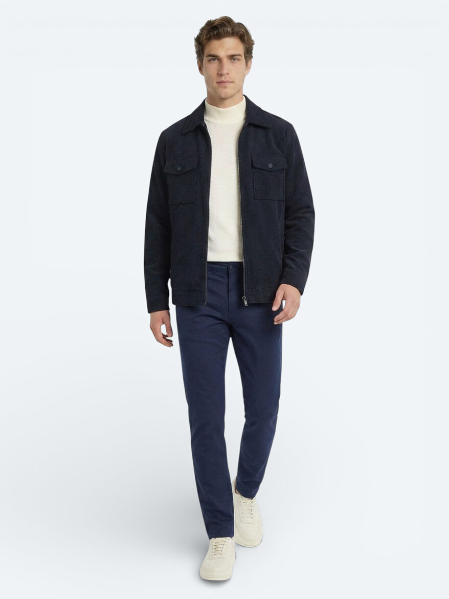 Night Blue Weaving Slim Fit Casual Cotton Blended Trousers - 1