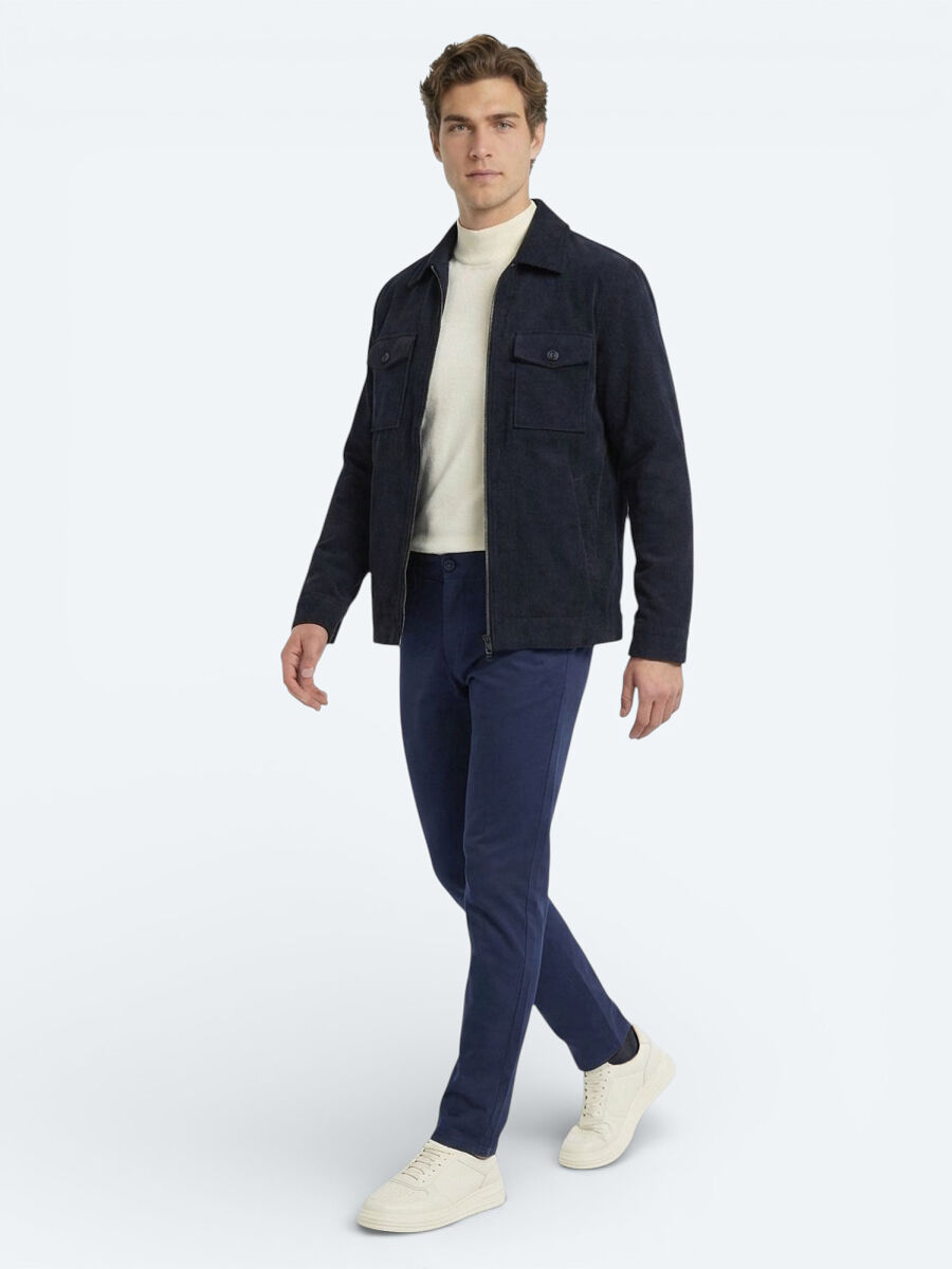 Night Blue Weaving Slim Fit Casual Cotton Blended Trousers - 4