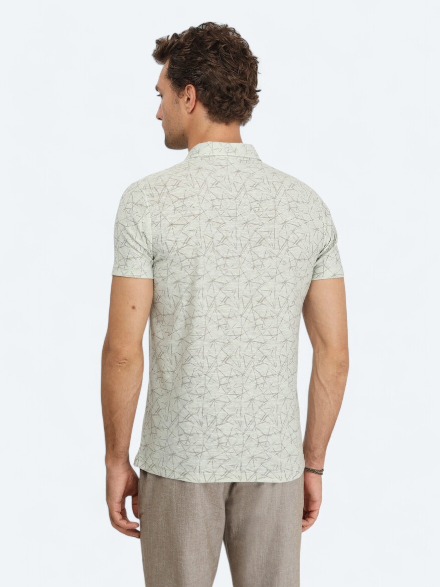 Nil Yeşili Baskılı Polo Yaka Pamuk Karışımlı T-Shirt - 4