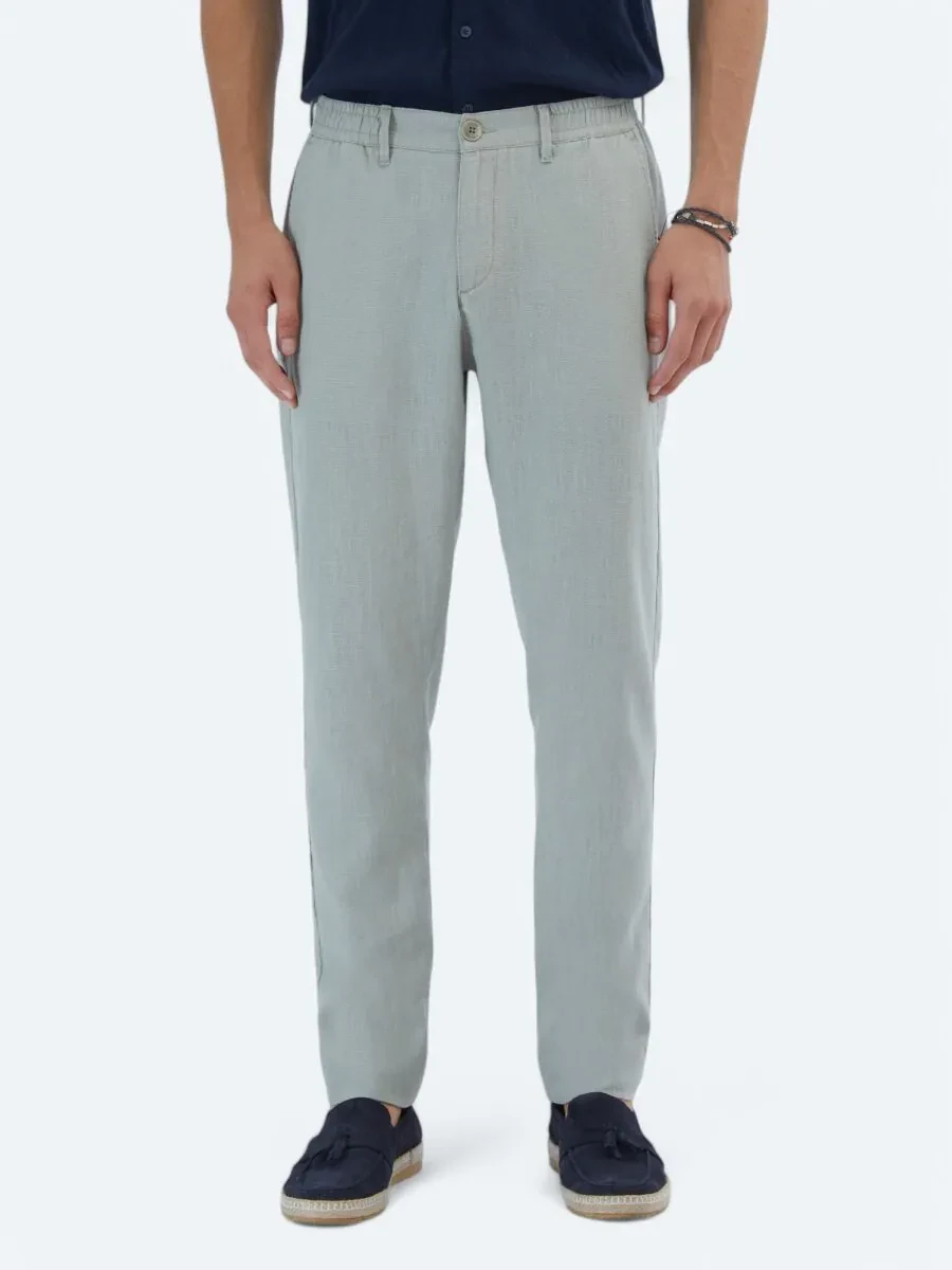 Nil Yeşili Dokuma Casual Pamuk Karışımlı Pantolon - 2