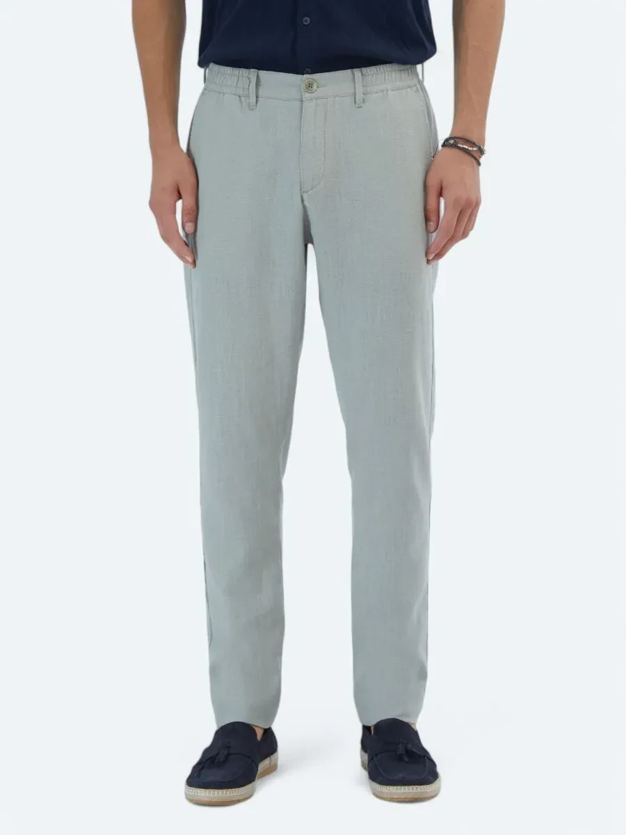 Nil Yeşili Dokuma Jogging Fit Casual Pamuk Karışımlı Pantolon - 2
