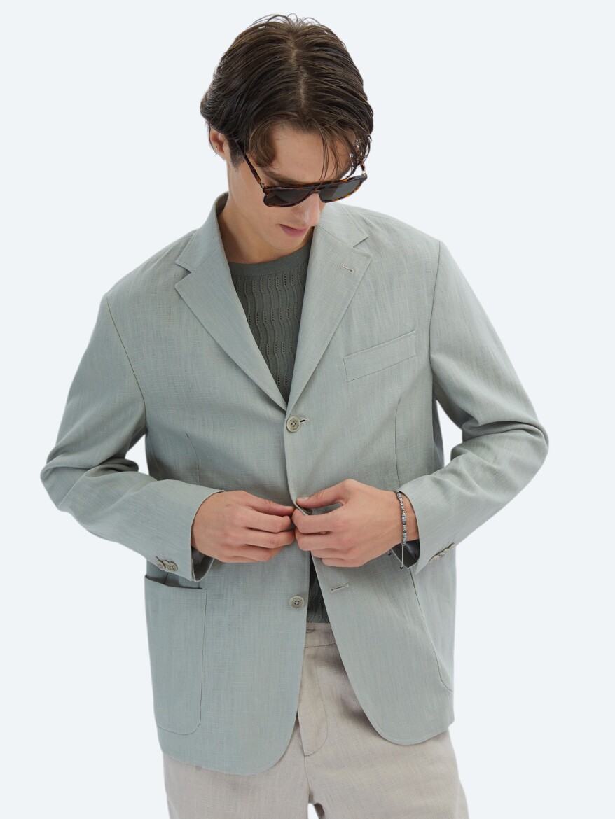 Nil Yeşili Düz Comfort Fit Pamuk Karışımlı Ceket - 3