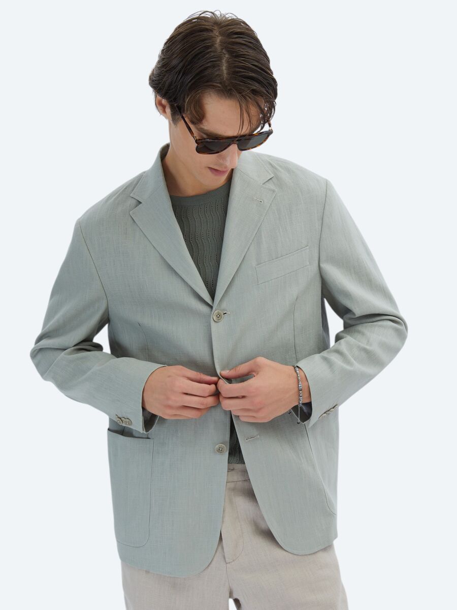 Nil Yeşili Düz Comfort Fit Pamuk Karışımlı Ceket - 3