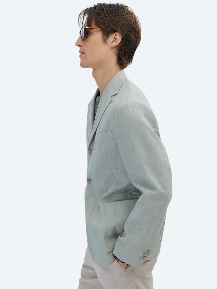 Nil Yeşili Düz Comfort Fit Pamuk Karışımlı Ceket - 4