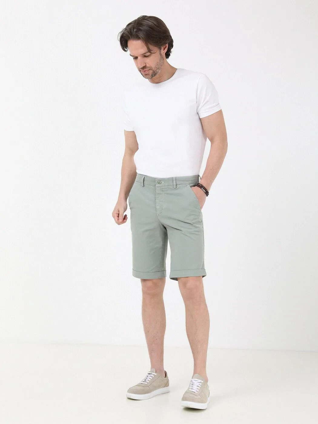 Nil Yeşili Düz Dokuma Slim Fit Casual Pamuk Karışımlı Bermuda - KİP