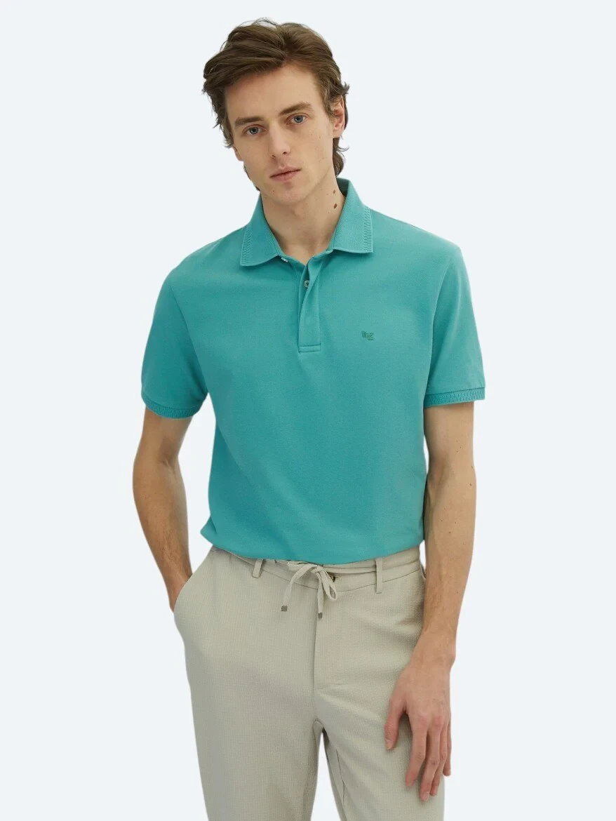 Nil Yeşili Düz Polo Yaka %100 Pamuk T-Shirt - 1