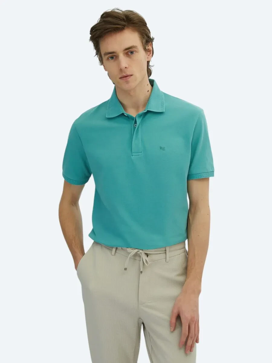 Nil Yeşili Düz Polo Yaka %100 Pamuk T-Shirt - 1