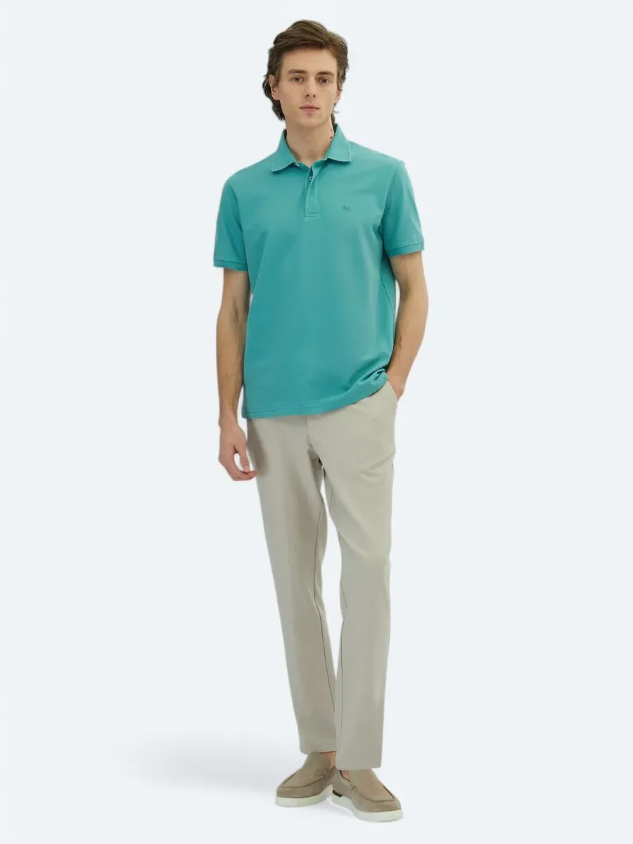 Nil Yeşili Düz Polo Yaka %100 Pamuk T-Shirt - 2