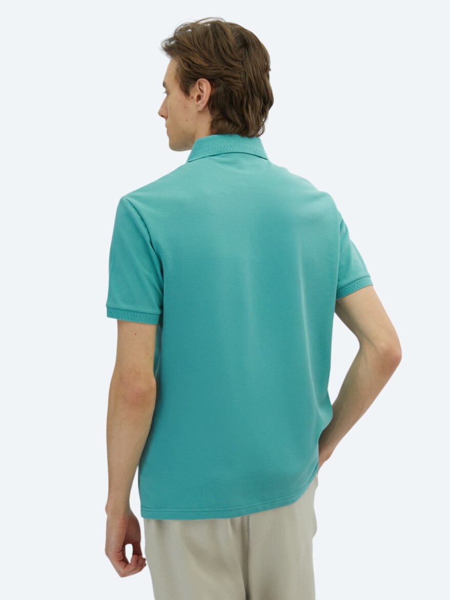 Nil Yeşili Düz Polo Yaka %100 Pamuk T-Shirt - 4