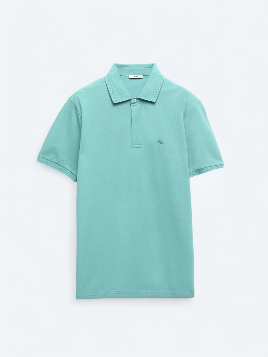 Nil Yeşili Düz Polo Yaka %100 Pamuk T-Shirt - 5