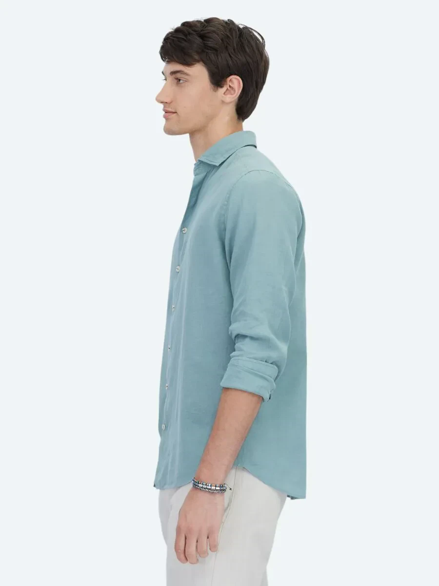 Nil Yeşili Düz Regular Fit Dokuma Casual Pamuk Karışımlı Gömlek - 3