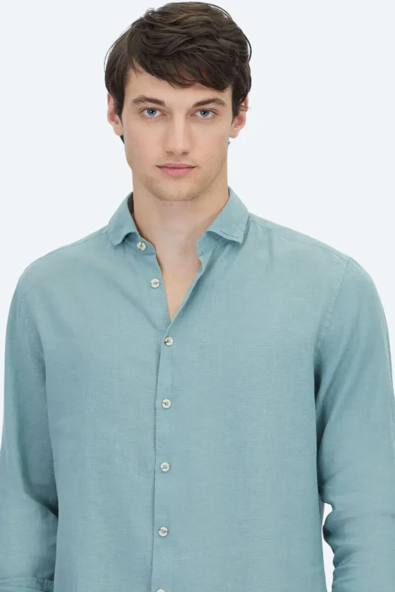 Nil Yeşili Düz Regular Fit Dokuma Casual Pamuk Karışımlı Gömlek - 4