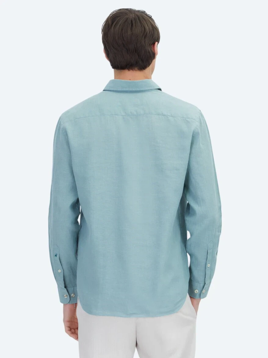 Nil Yeşili Düz Regular Fit Dokuma Casual Pamuk Karışımlı Gömlek - 5