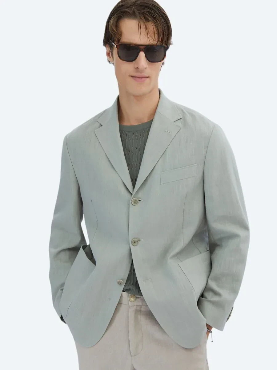 Nile Green Plain Comfort Fit Cotton Blended Jacket - 1