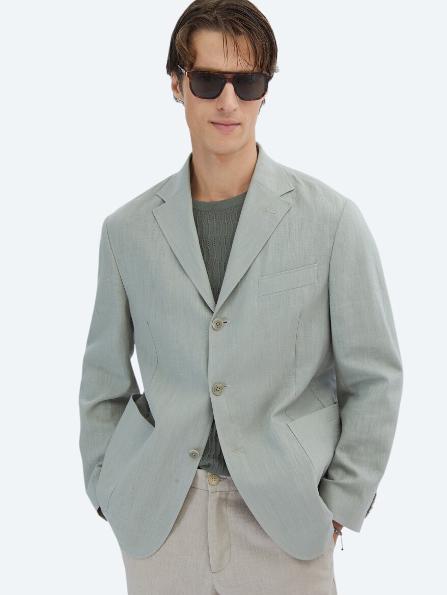 Nile Green Plain Comfort Fit Cotton Blended Jacket 