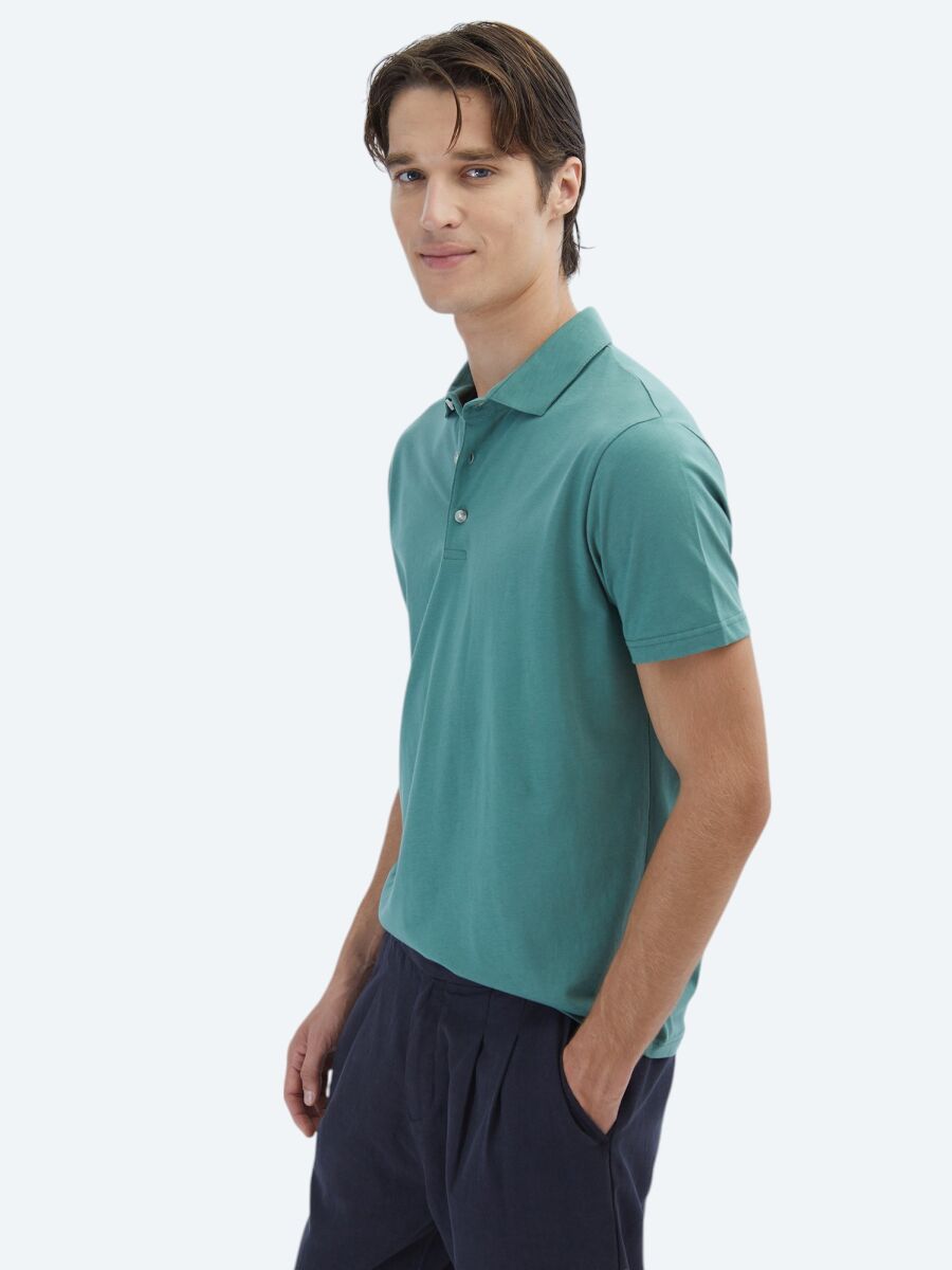 Nile Green Plain Polo Neck 100% Cotton T-Shirt - 3