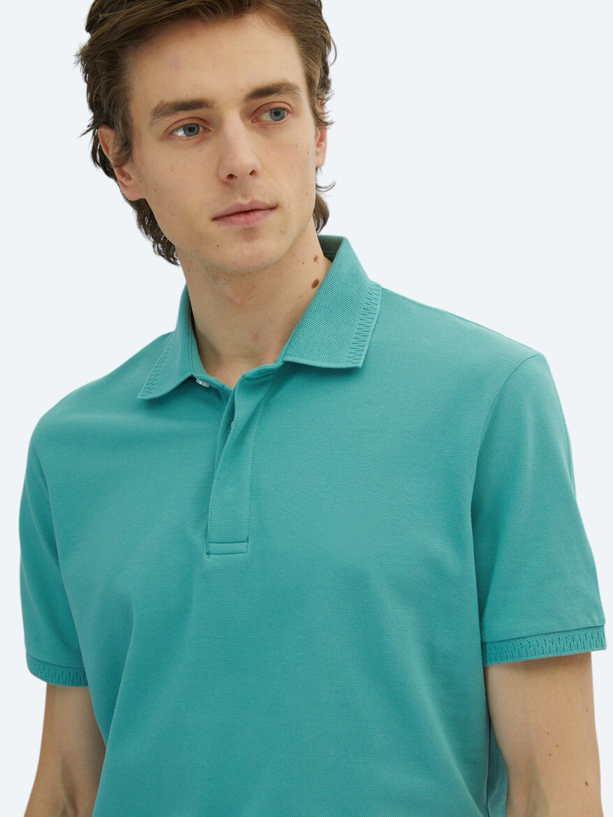 Nile Green Plain Polo Neck 100% Cotton T-Shirt - 3