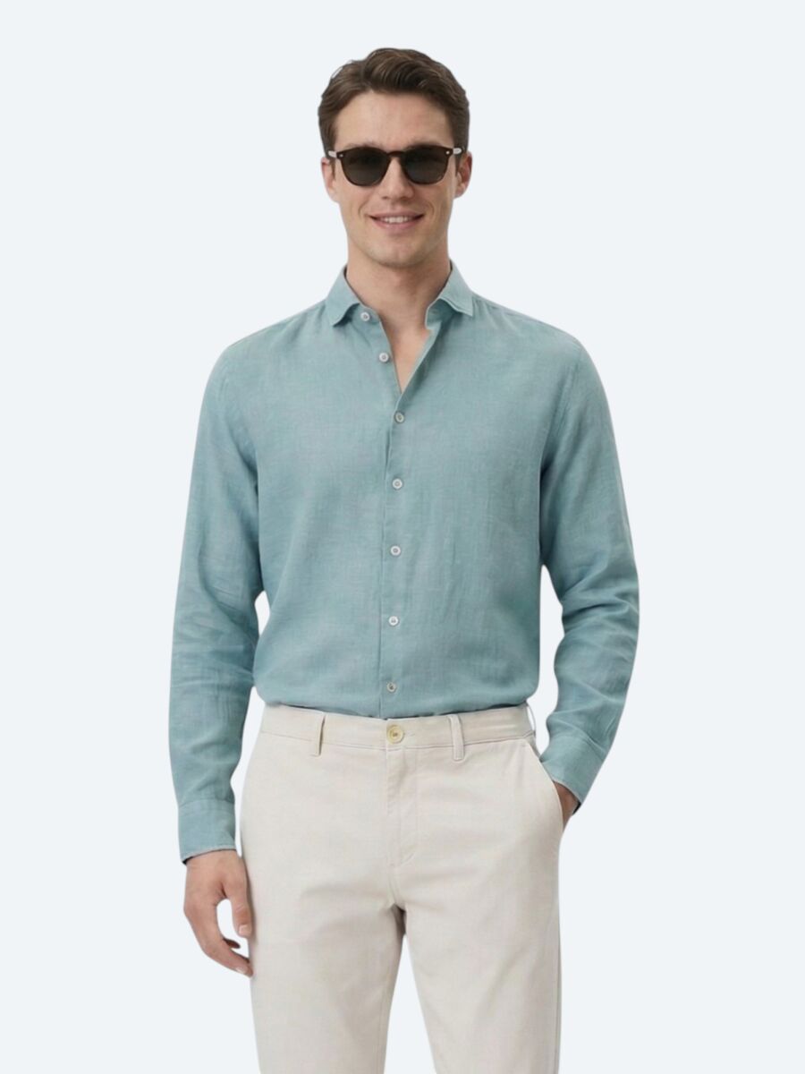 Nile Green Plain Regular Fit Long Weaving Casual Cotton Blended Shirt - 1