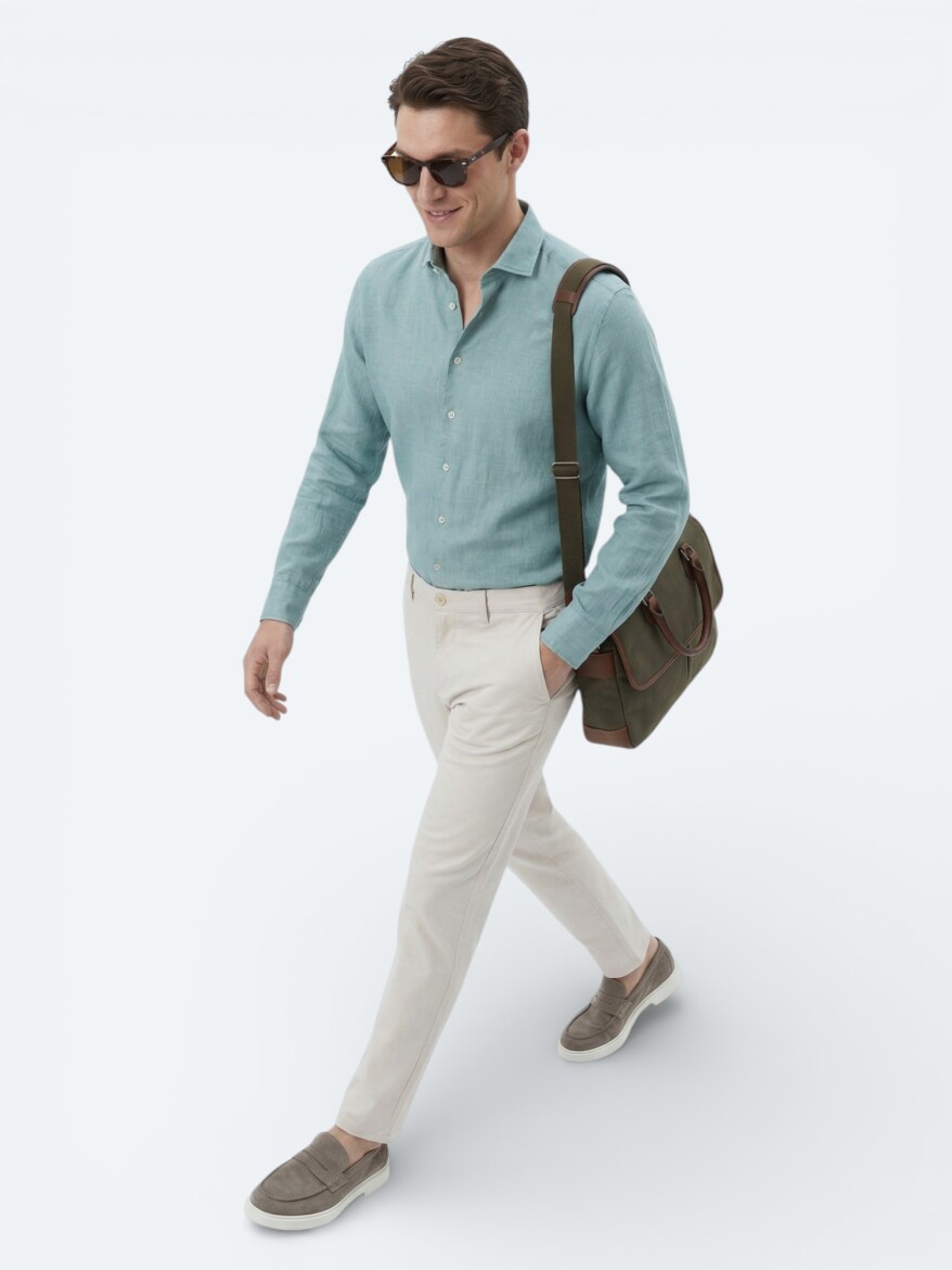 Nile Green Plain Regular Fit Long Weaving Casual Cotton Blended Shirt - 3