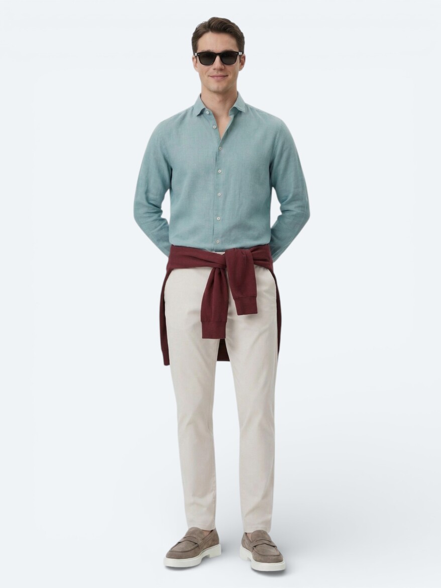 Nile Green Plain Regular Fit Long Weaving Casual Cotton Blended Shirt - 4