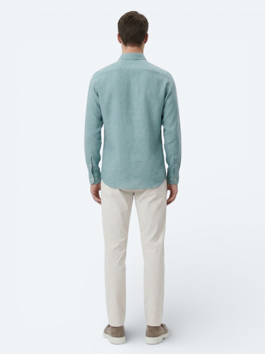 Nile Green Plain Regular Fit Long Weaving Casual Cotton Blended Shirt - 5