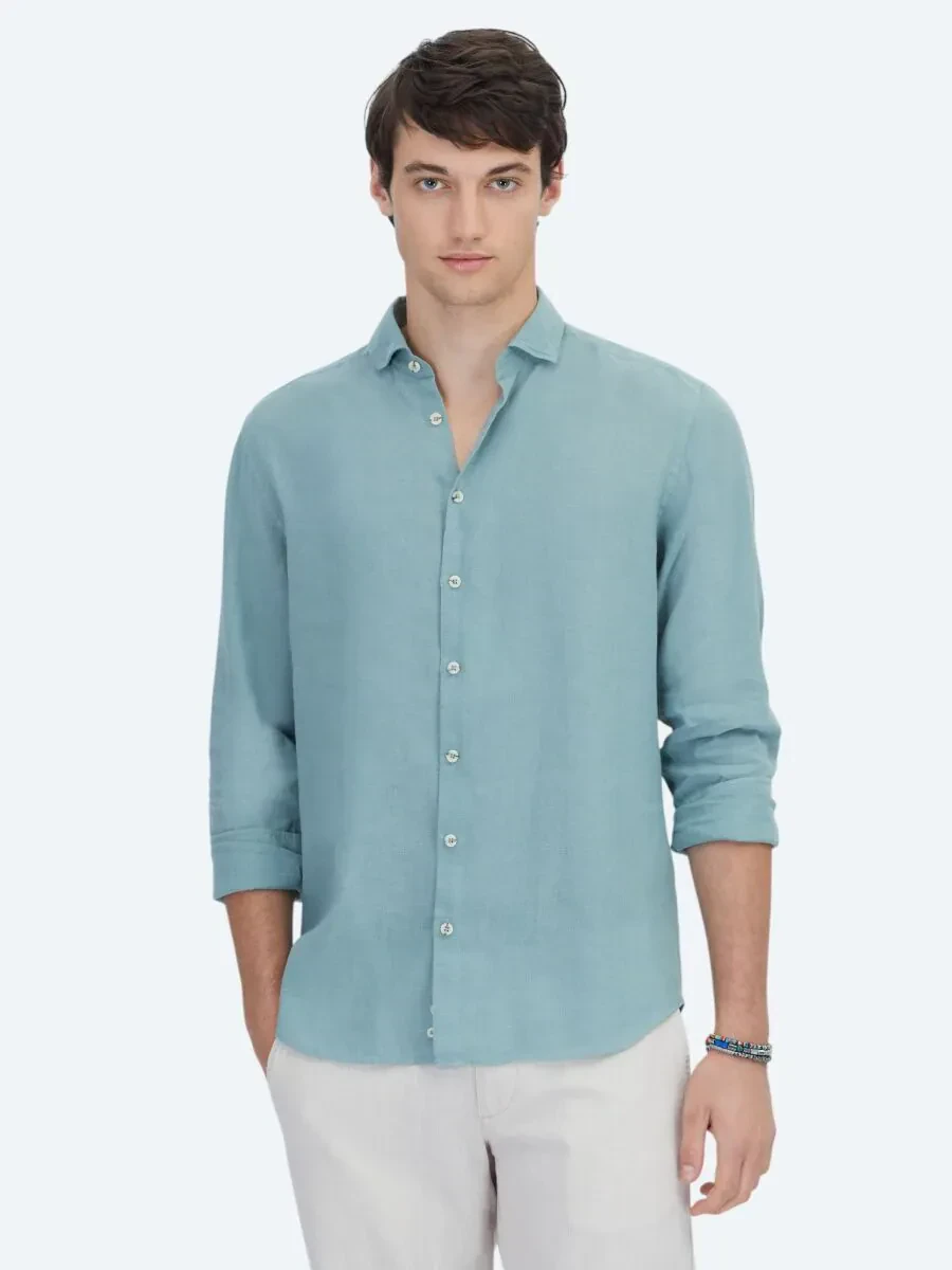 Nile Green Plain Regular Fit Weaving Casual Cotton Blended Shirt - 1