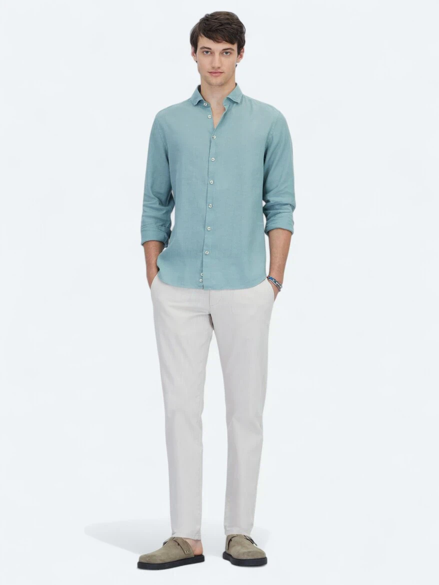 Nile Green Plain Regular Fit Weaving Casual Cotton Blended Shirt - 2
