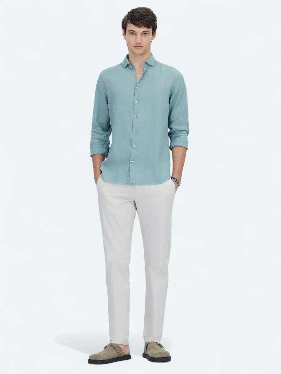 Nile Green Plain Regular Fit Weaving Casual Cotton Blended Shirt - 2