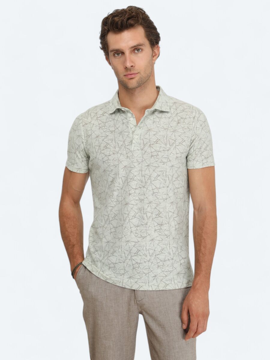 Nile Green Printed Polo Neck Cotton Blended T-Shirt - 1