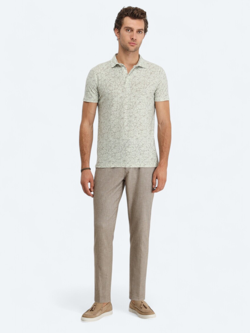 Nile Green Printed Polo Neck Cotton Blended T-Shirt - 2