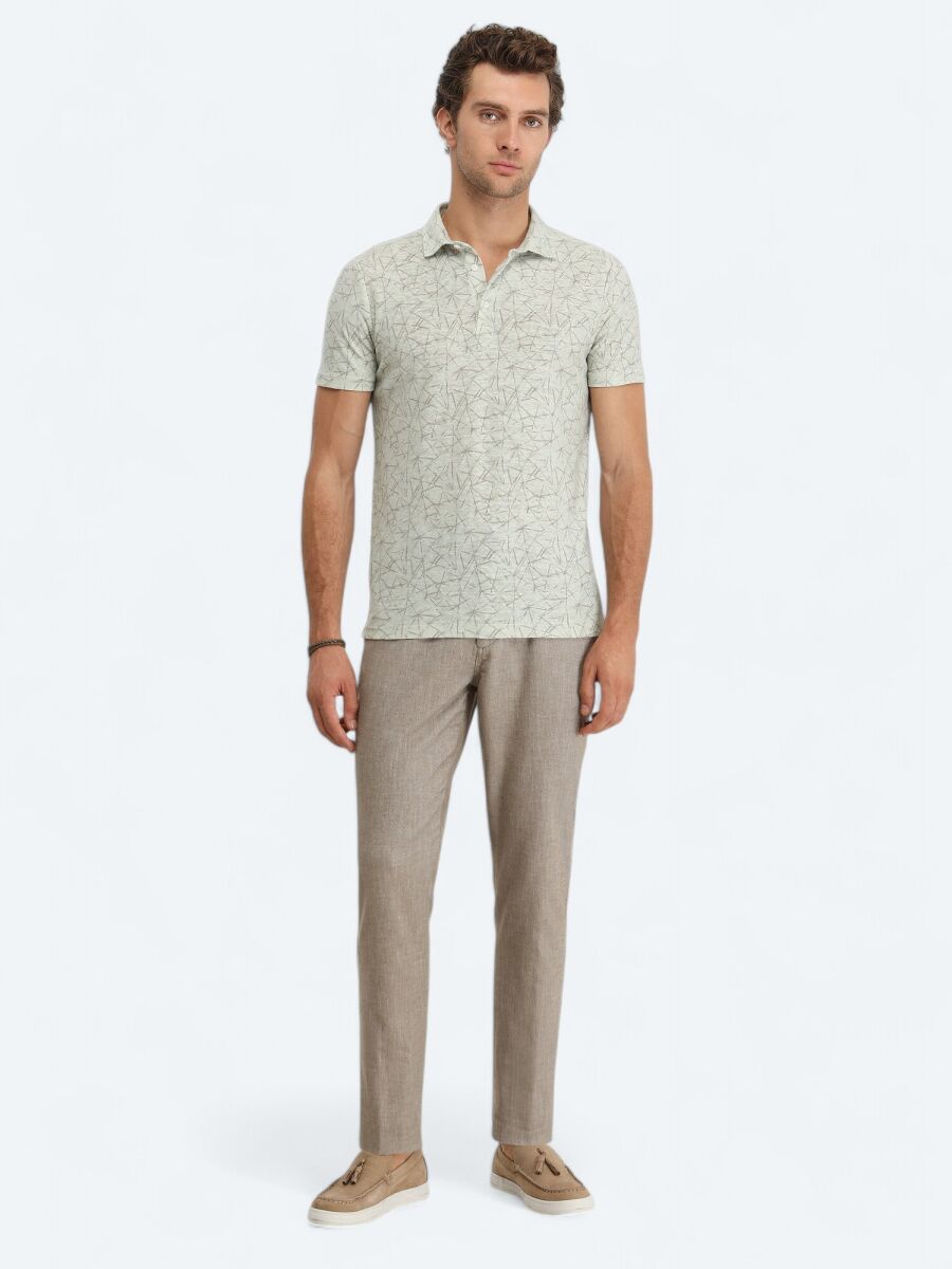 Nile Green Printed Polo Neck Cotton Blended T-Shirt - 2