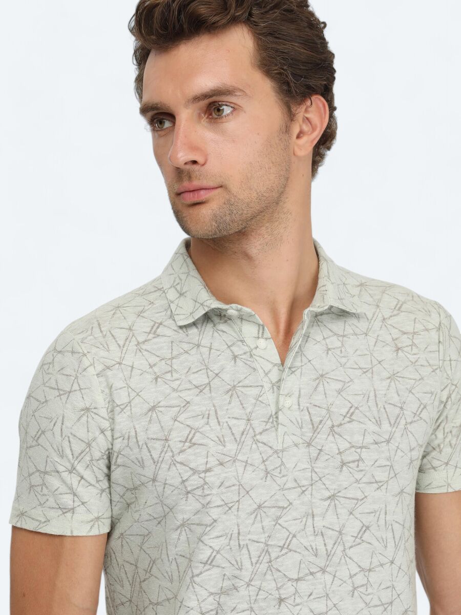 Nile Green Printed Polo Neck Cotton Blended T-Shirt - 3