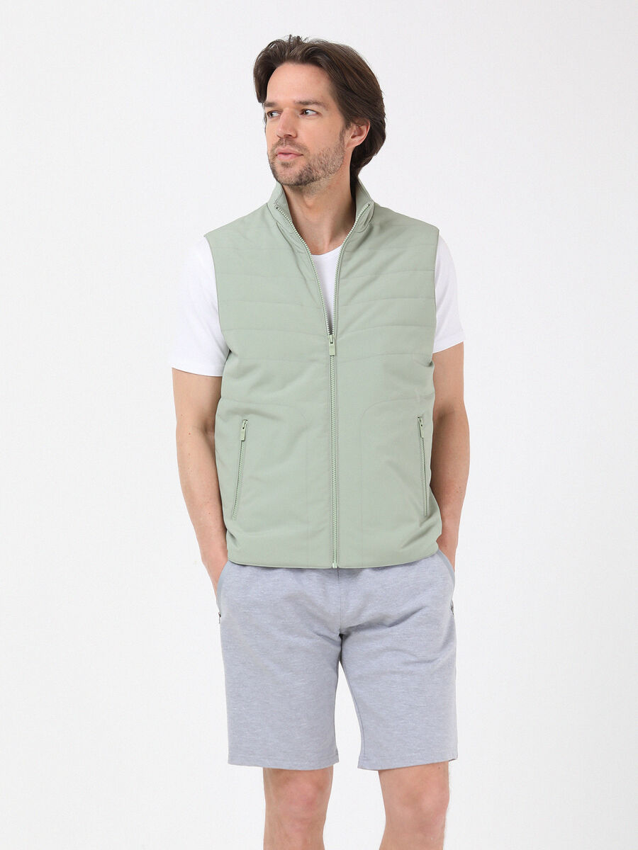 Nile Green Regular Fit Turtleneck Casual Weaving Puffer Vest - 1