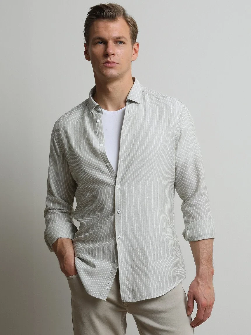Nile Green Striped Weaving Casual Cotton Blended Shirt - 1