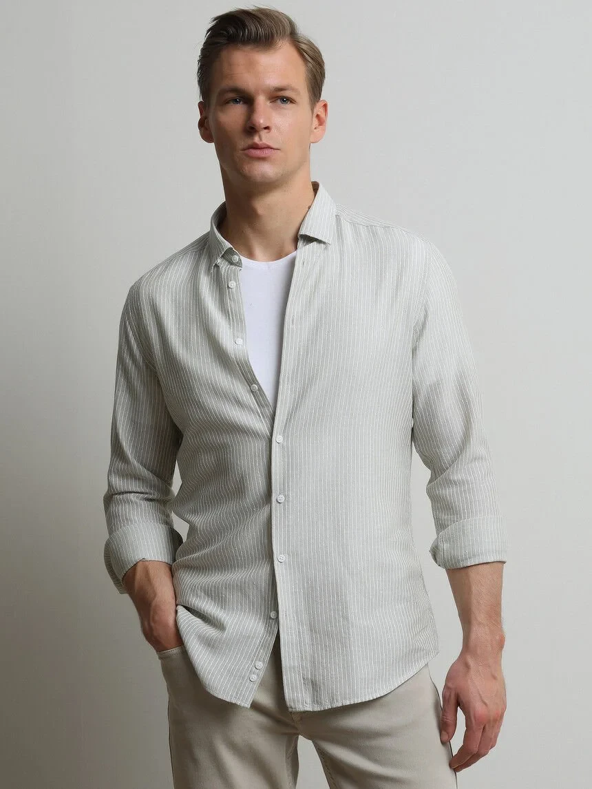 Nile Green Striped Weaving Casual Cotton Blended Shirt - 1