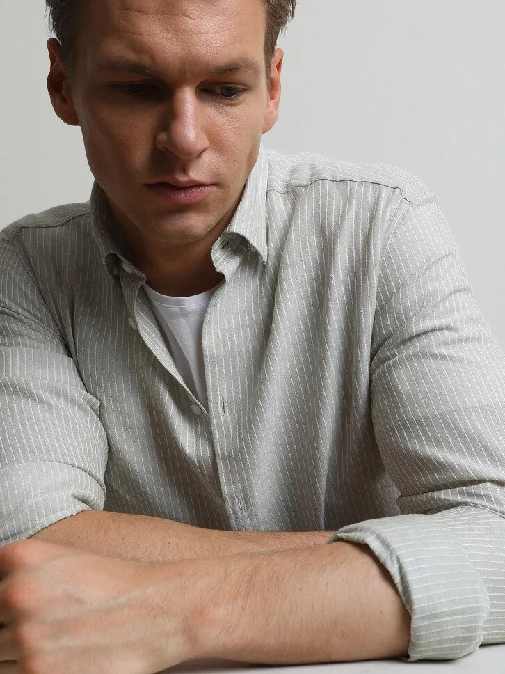 Nile Green Striped Weaving Casual Cotton Blended Shirt - 2