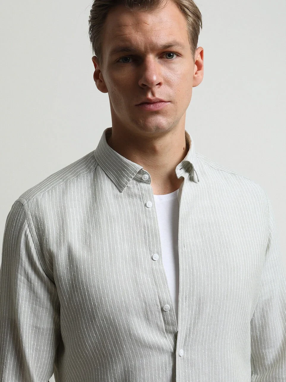 Nile Green Striped Weaving Casual Cotton Blended Shirt - 3