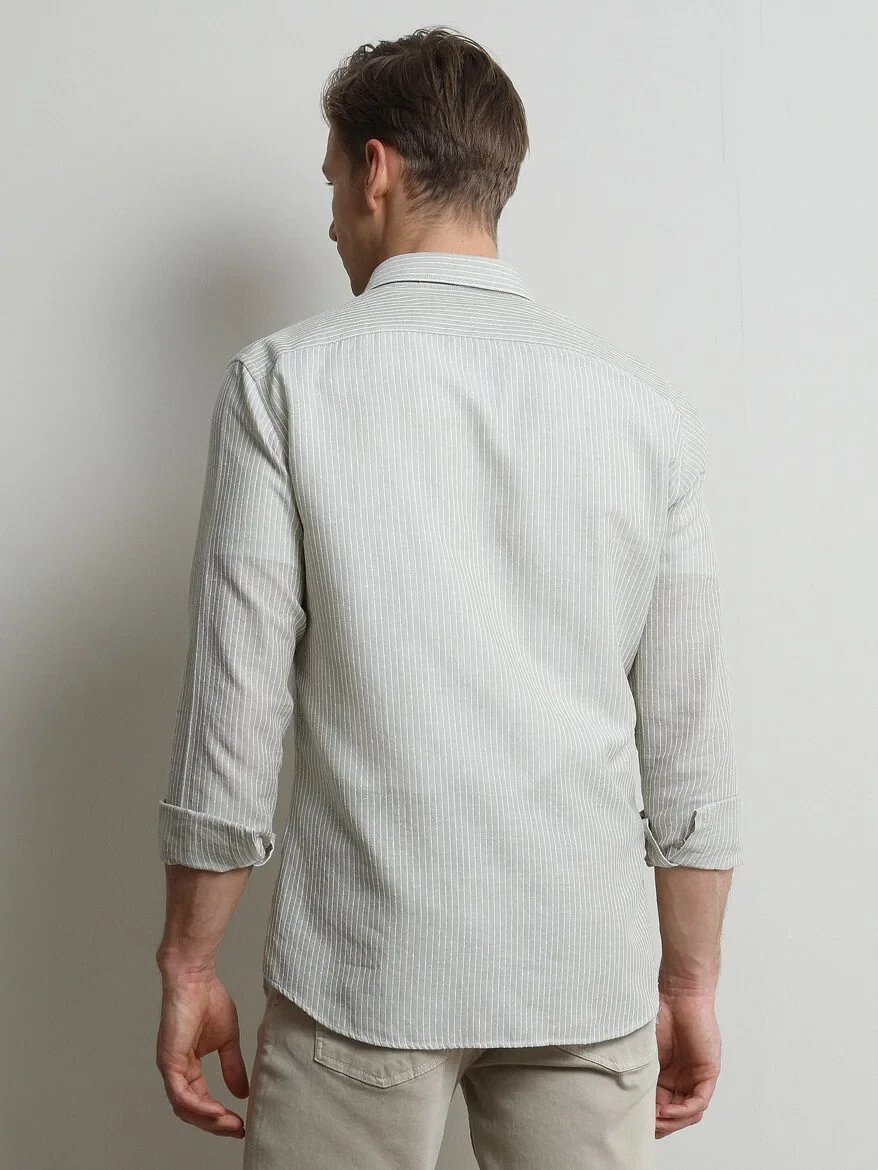 Nile Green Striped Weaving Casual Cotton Blended Shirt - 4
