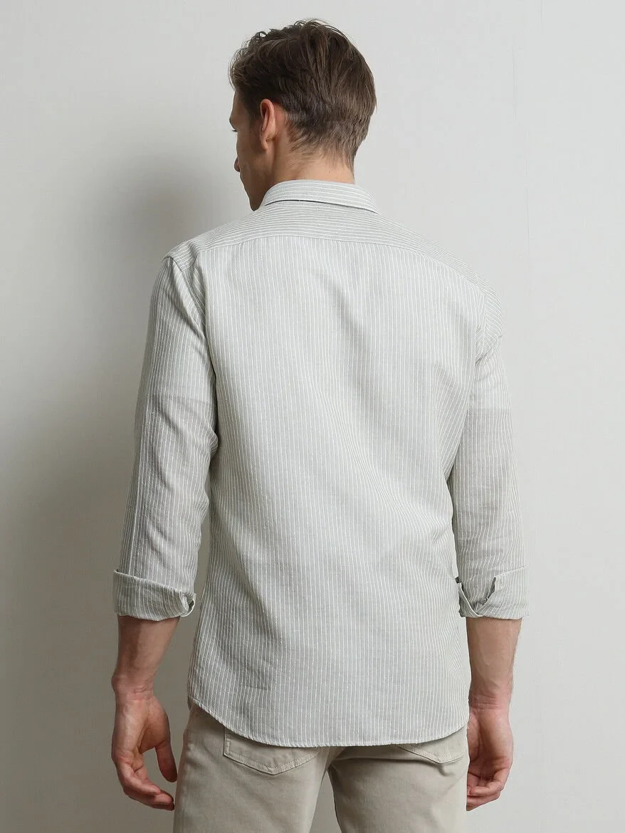 Nile Green Striped Weaving Casual Cotton Blended Shirt - 4