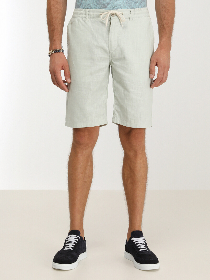 Nile Green Weaving Slim Fit Casual Bermuda - 1