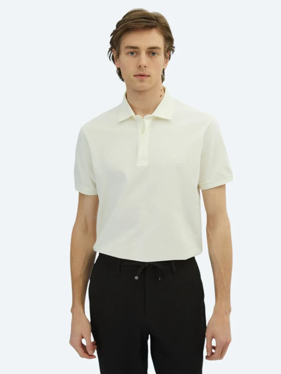 Off White Plain Polo Neck 100% Cotton T-Shirt - 1
