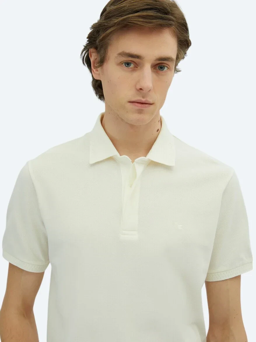 Off White Plain Polo Neck 100% Cotton T-Shirt - 3