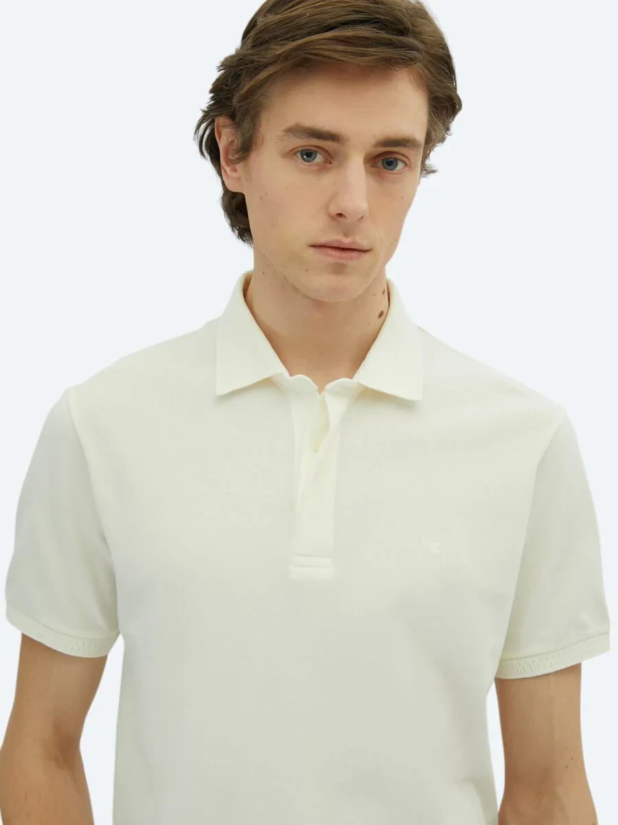 Off White Plain Polo Neck 100% Cotton T-Shirt - 3