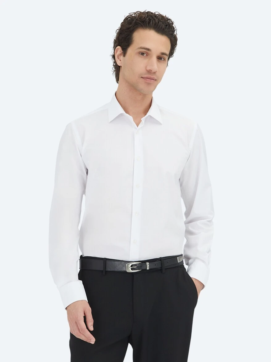 Off White Regular Fit Weaving Classical Cotton Blended Shirt - KİP