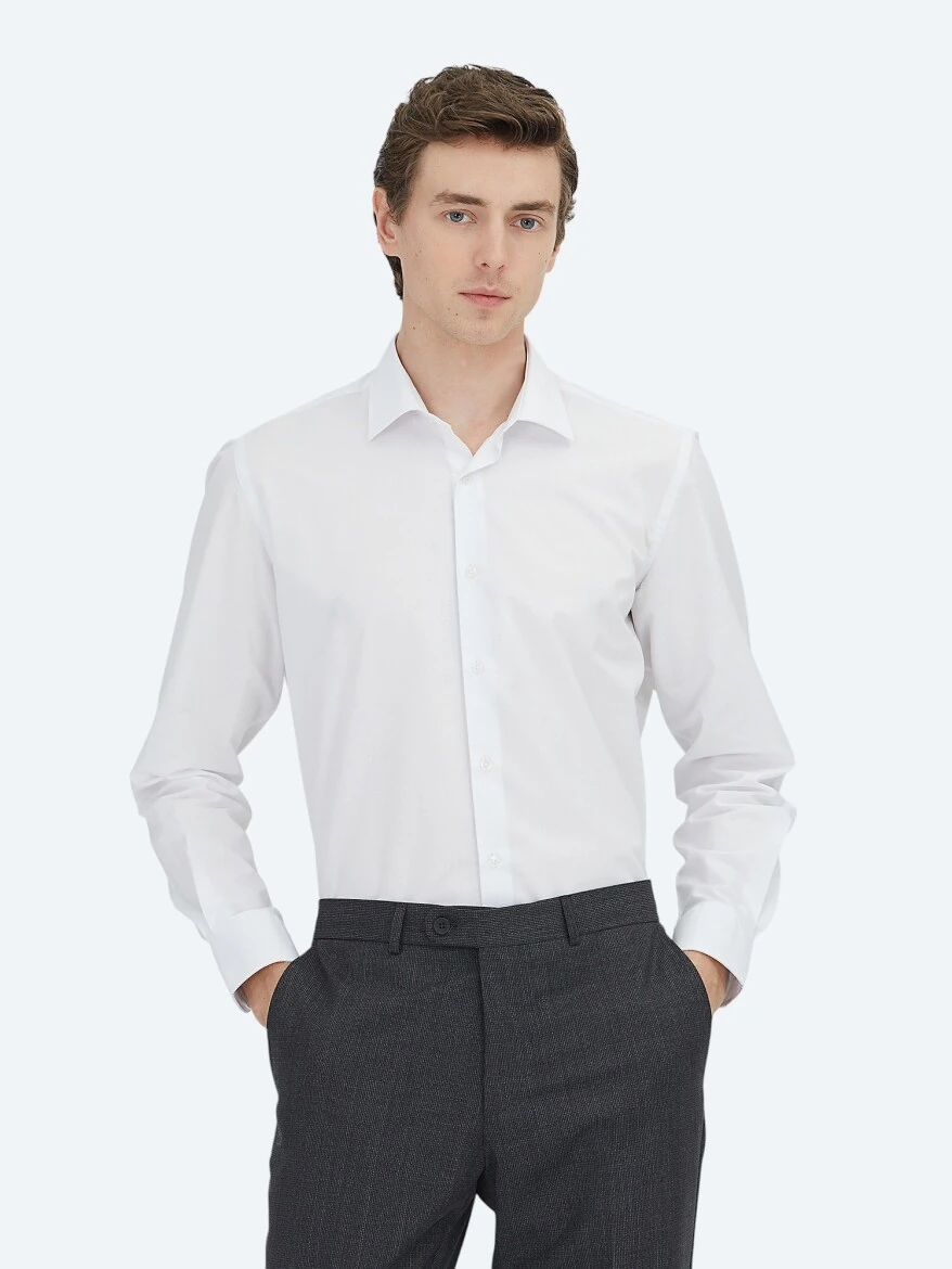 Off White Regular Fit Weaving Classical Cotton Blended Shirt - KİP