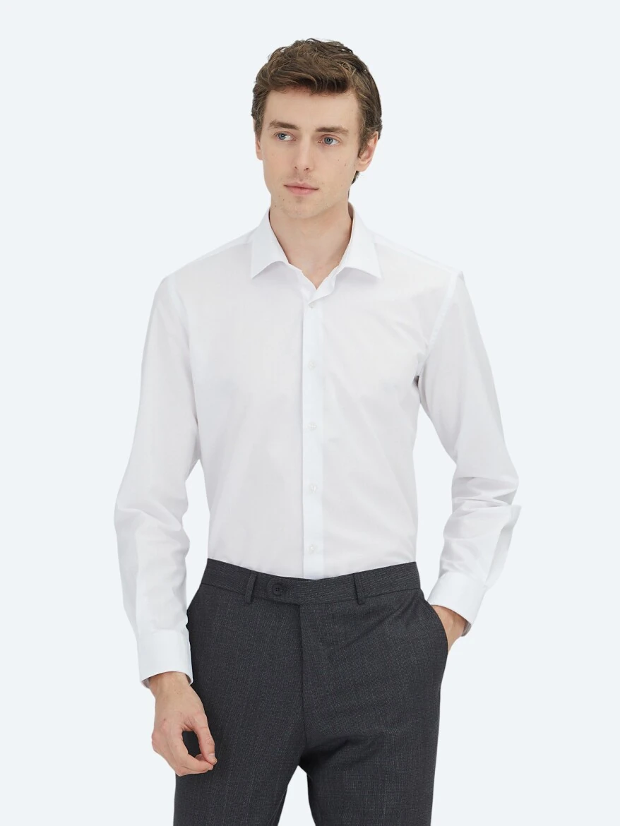 Off White Regular Fit Weaving Classical Cotton Blended Shirt - 3