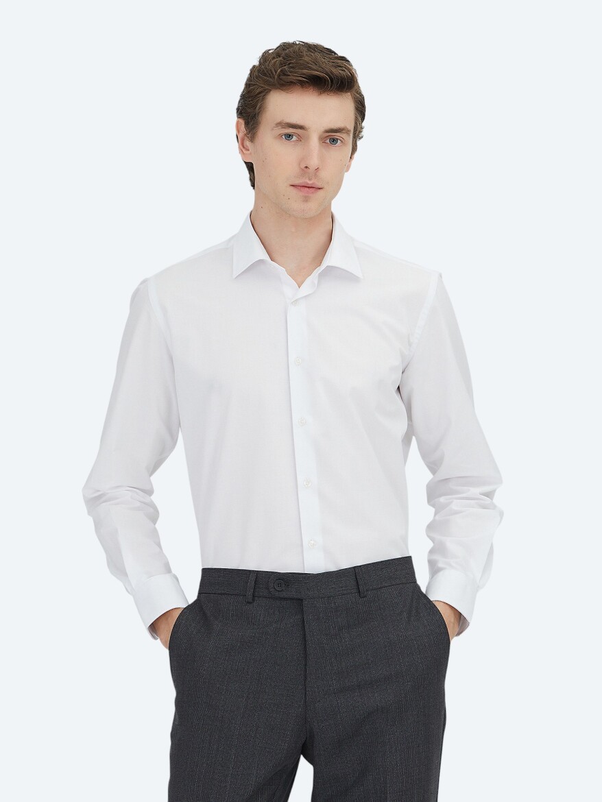 Off White Regular Fit Weaving Classical Cotton Blended Shirt - KİP