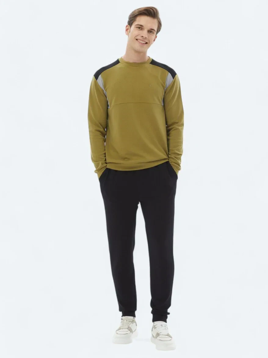 Oil Green Crew Neck Plain Sweatshirt 
